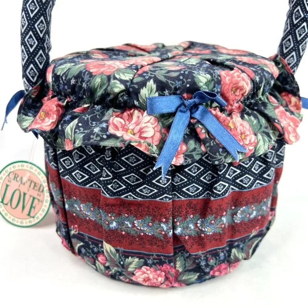 NWT Vintage Crafted With Love Fabric Pattern Sewing Basket With Handle
